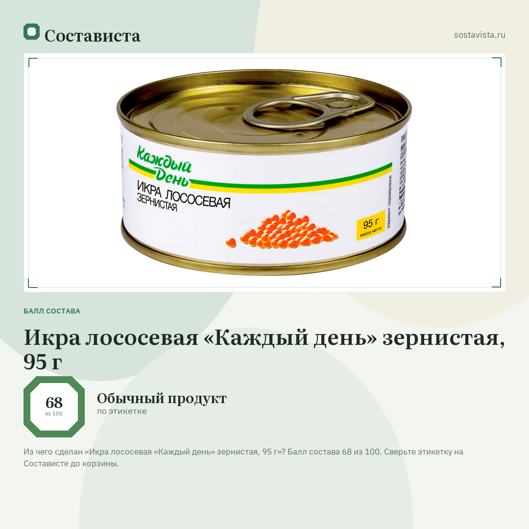 Икра лососевая «Каждый день» зернистая, 95 г: балл состава 68 из 100 — Состависта