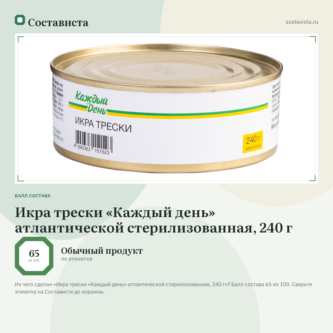 Икра трески «Каждый день» атлантической стерилизованная, 240 г: балл состава 65 из 100 — Состависта