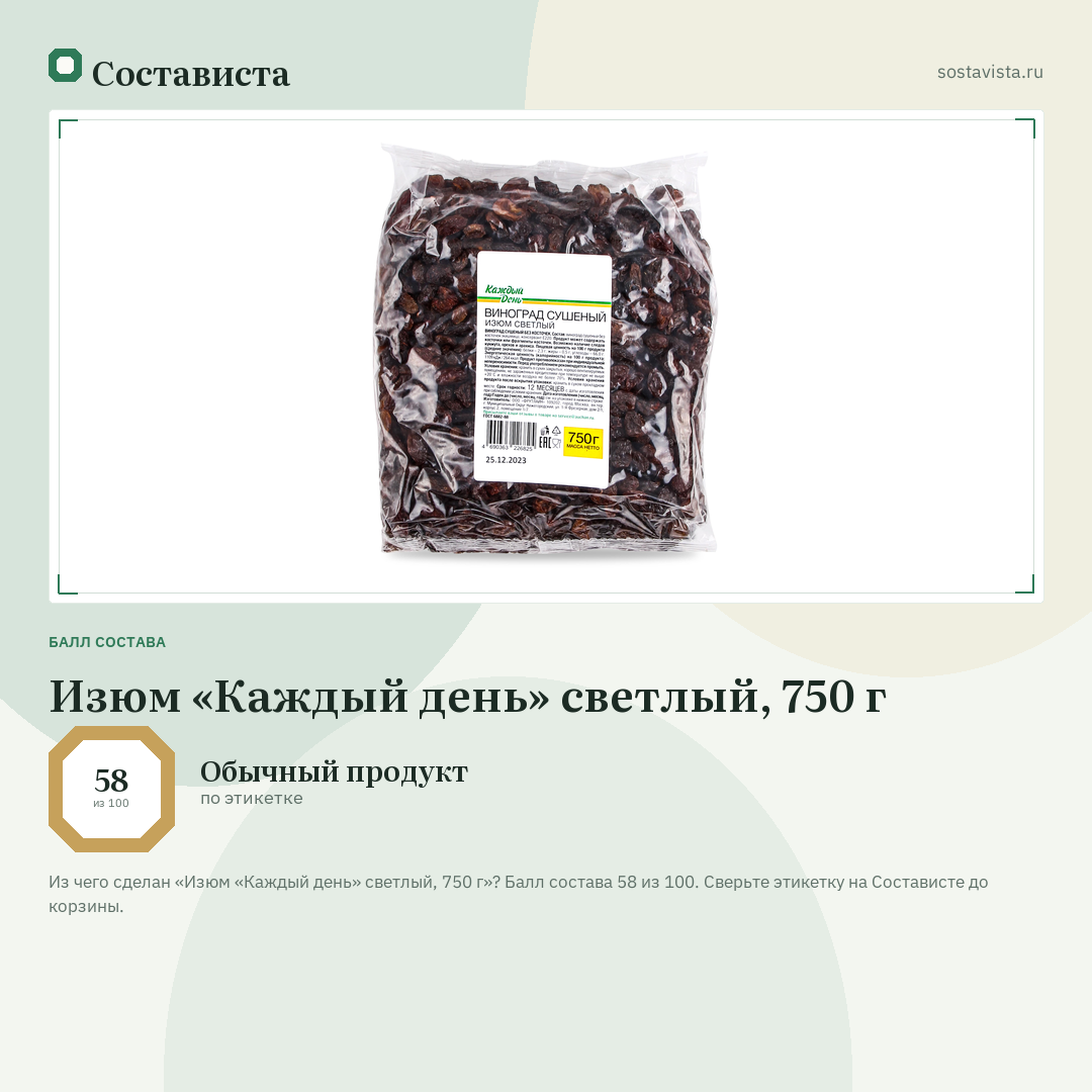 Изюм «Каждый день» светлый, 750 г: балл состава 58 из 100 — Состависта