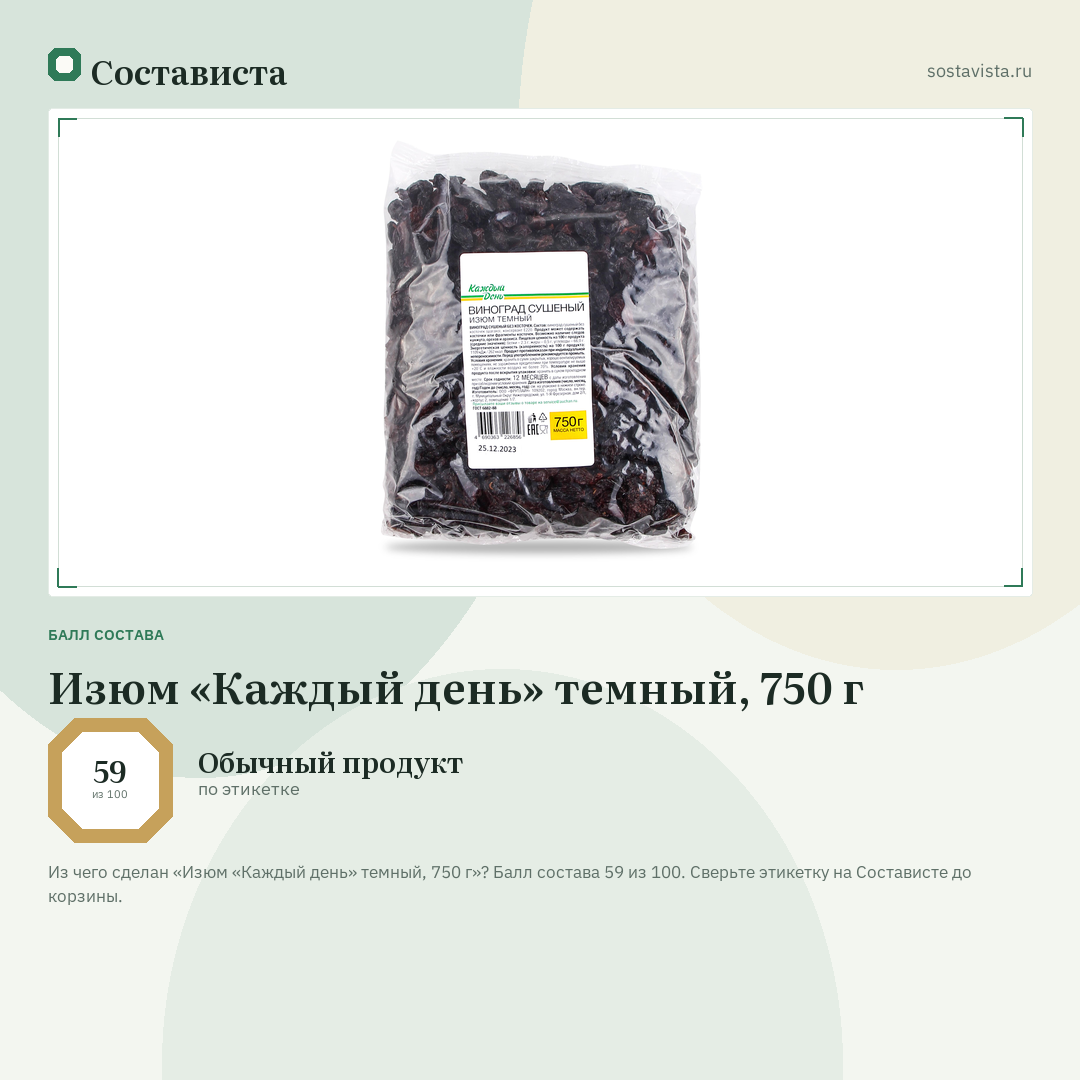 Изюм «Каждый день» темный, 750 г: балл состава 59 из 100 — Состависта