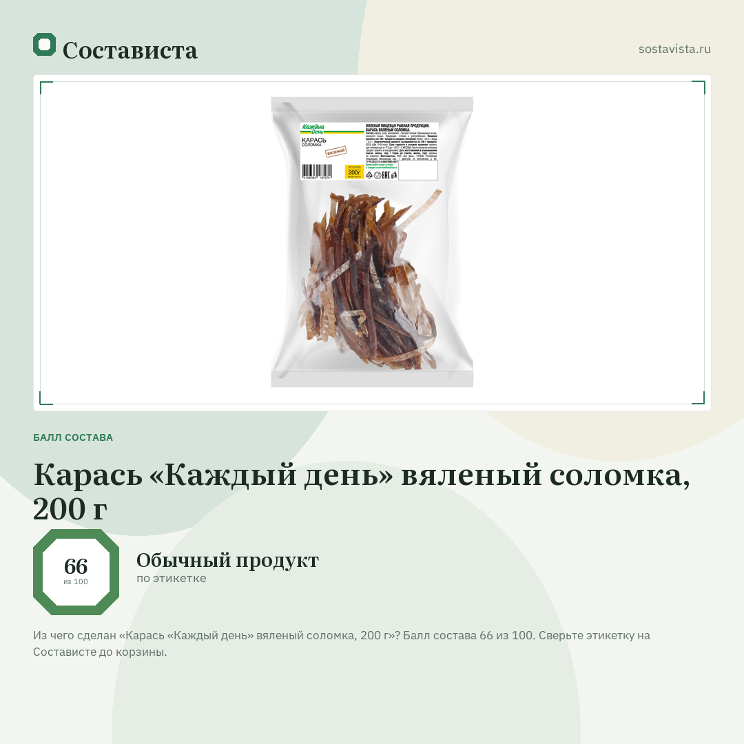 Карась «Каждый день» вяленый соломка, 200 г: балл состава 66 из 100 — Состависта