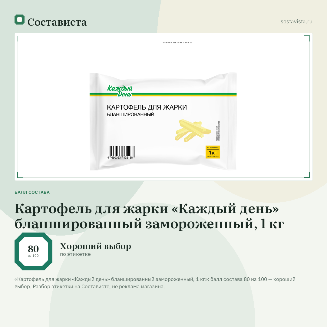 Картофель для жарки «Каждый день» бланшированный замороженный, 1 кг: балл состава 80 из 100 — Состависта