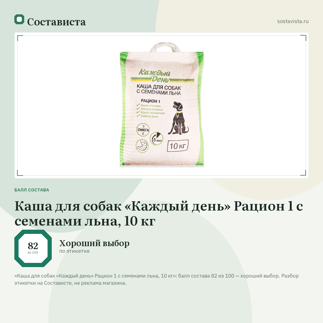 Каша для собак «Каждый день» Рацион 1 с семенами льна, 10 кг: балл состава 82 из 100 — Состависта