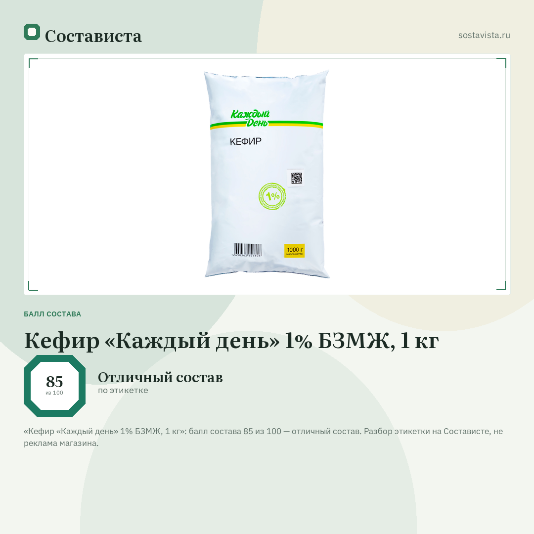 Кефир «Каждый день» 1% БЗМЖ, 1 кг: балл состава 85 из 100 — Состависта