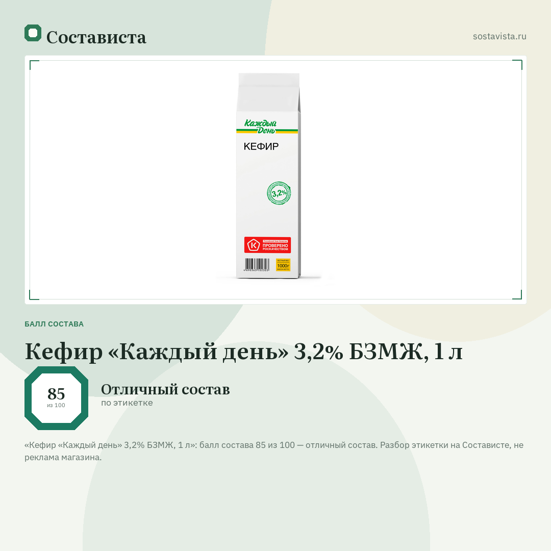 Кефир «Каждый день» 3,2% БЗМЖ, 1 л: балл состава 85 из 100 — Состависта