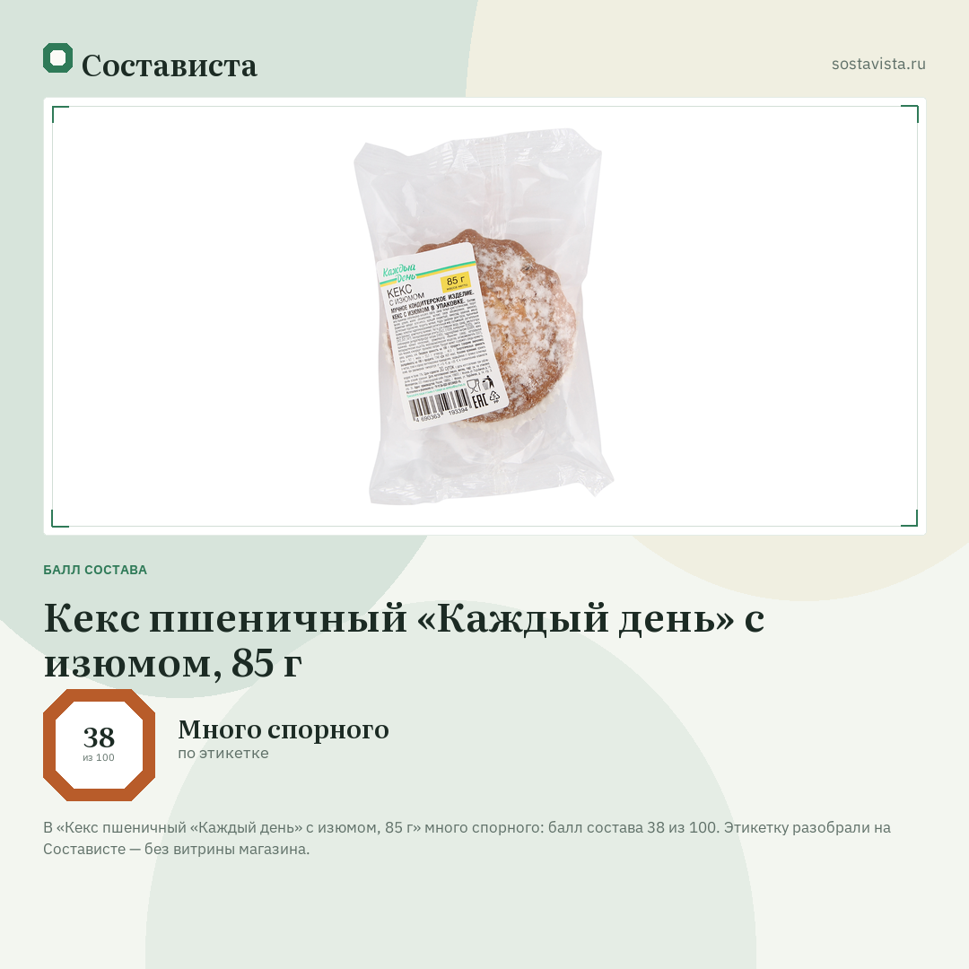 Кекс пшеничный «Каждый день» с изюмом, 85 г: балл состава 38 из 100 — Состависта