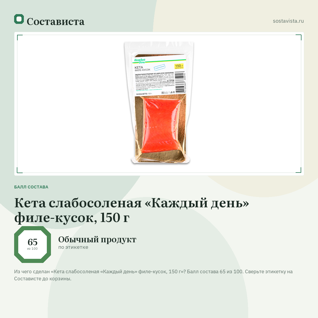Кета слабосоленая «Каждый день» филе-кусок, 150 г: балл состава 65 из 100 — Состависта