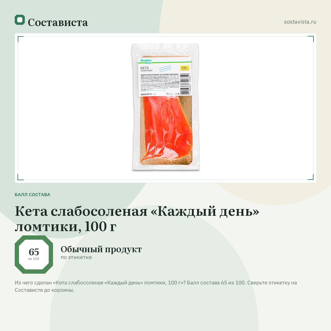 Кета слабосоленая «Каждый день» ломтики, 100 г: балл состава 65 из 100 — Состависта