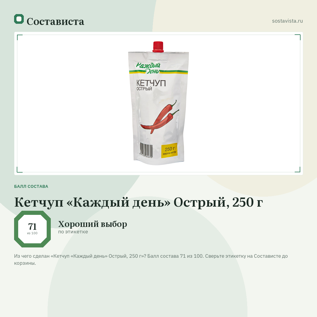 Кетчуп «Каждый день» Острый, 250 г: балл состава 71 из 100 — Состависта