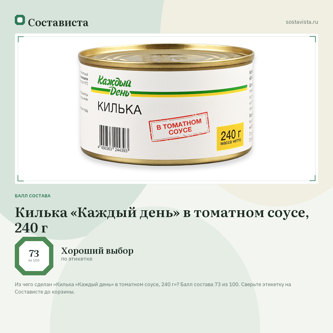 Килька «Каждый день» в томатном соусе, 240 г: балл состава 73 из 100 — Состависта