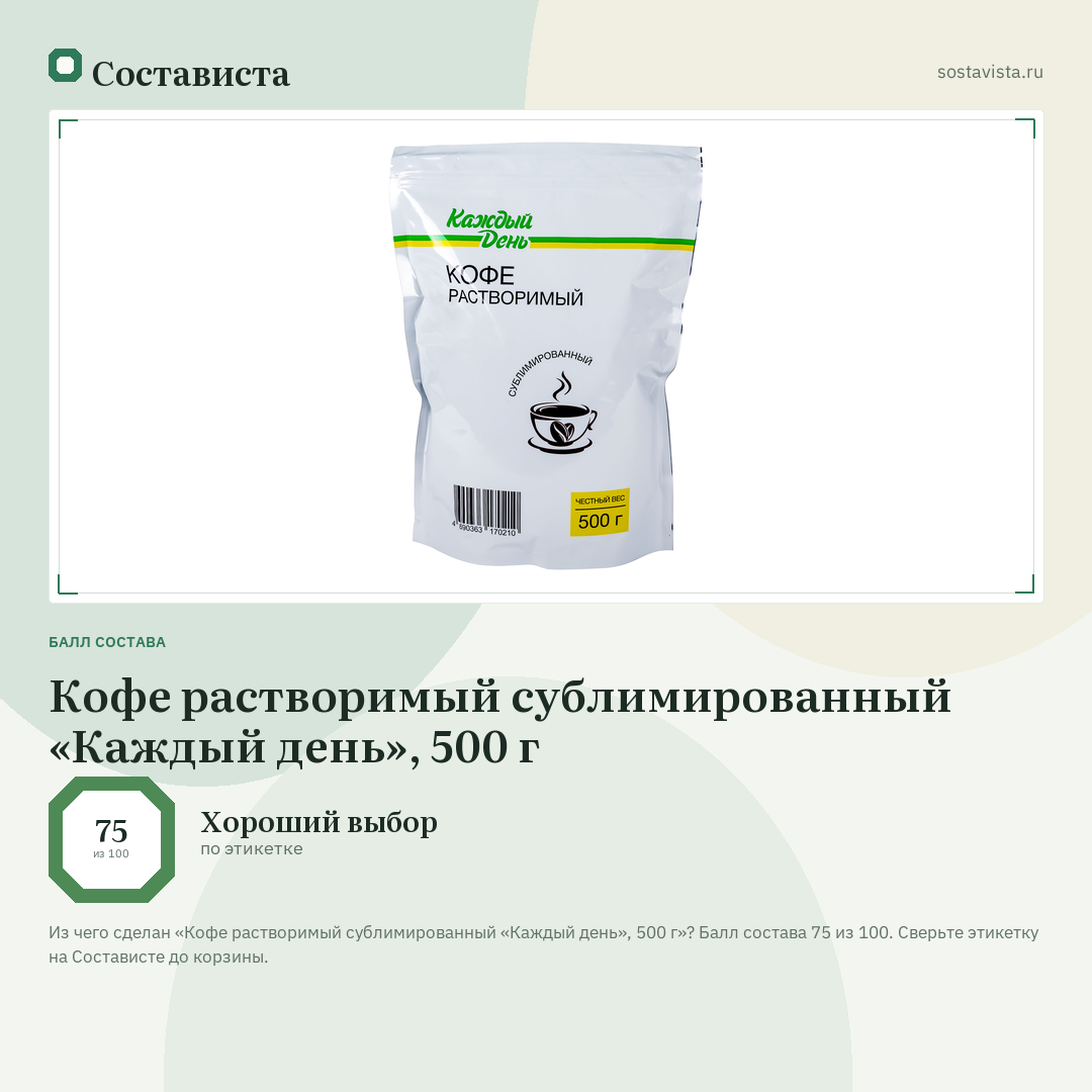 Кофе растворимый сублимированный «Каждый день», 500 г: балл состава 75 из 100 — Состависта
