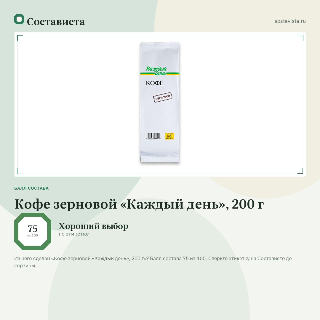 Кофе зерновой «Каждый день», 200 г: балл состава 75 из 100 — Состависта