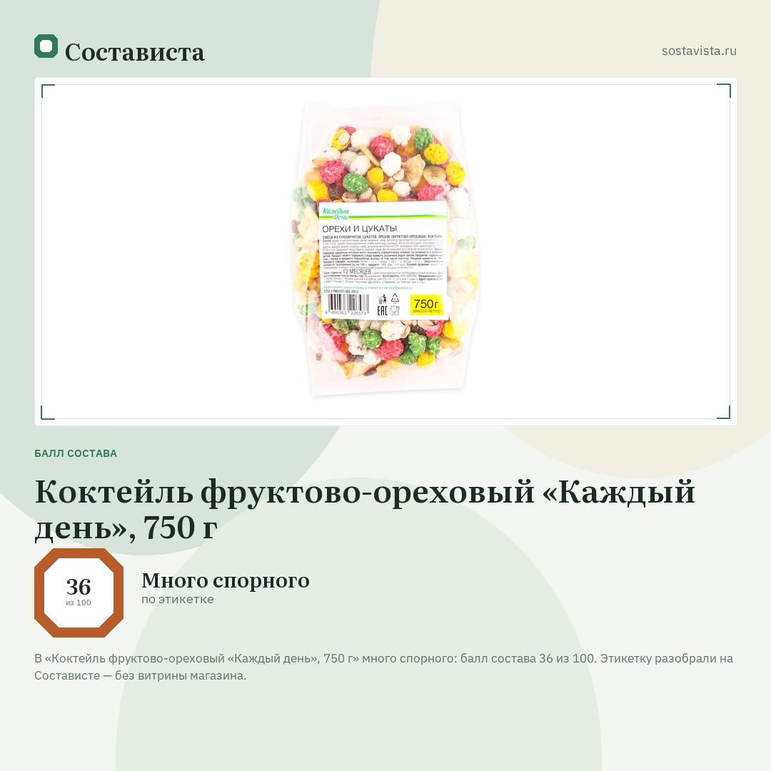 Коктейль фруктово-ореховый «Каждый день», 750 г: балл состава 36 из 100 — Состависта