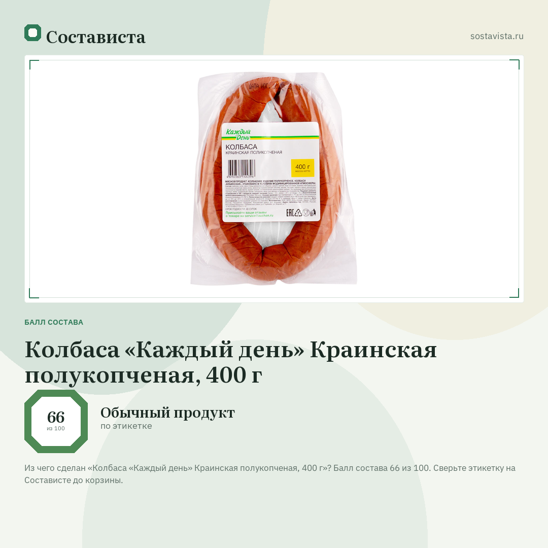 Колбаса «Каждый день» Краинская полукопченая, 400 г: балл состава 66 из 100 — Состависта