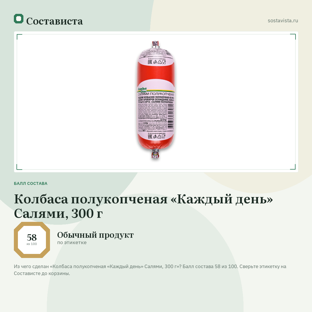 Колбаса полукопченая «Каждый день» Салями, 300 г: балл состава 58 из 100 — Состависта