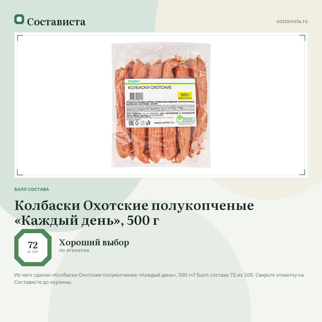 Колбаски Охотские полукопченые «Каждый день», 500 г: балл состава 72 из 100 — Состависта