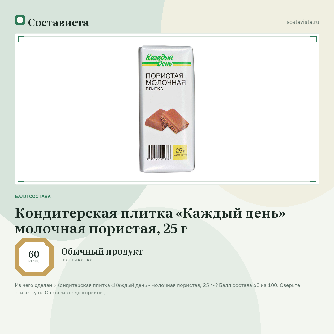 Кондитерская плитка «Каждый день» молочная пористая, 25 г: балл состава 60 из 100 — Состависта