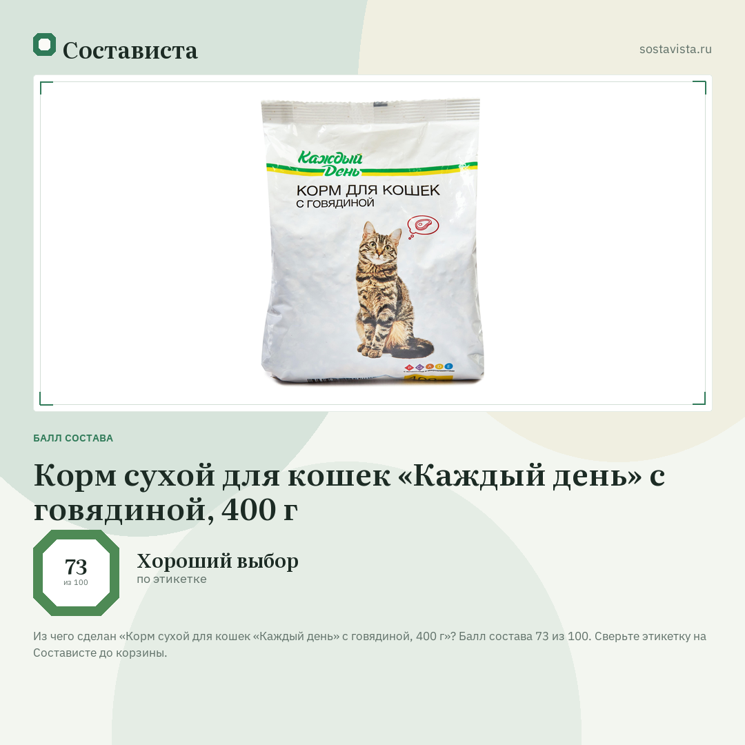 Корм сухой для кошек «Каждый день» с говядиной, 400 г: балл состава 73 из 100 — Состависта