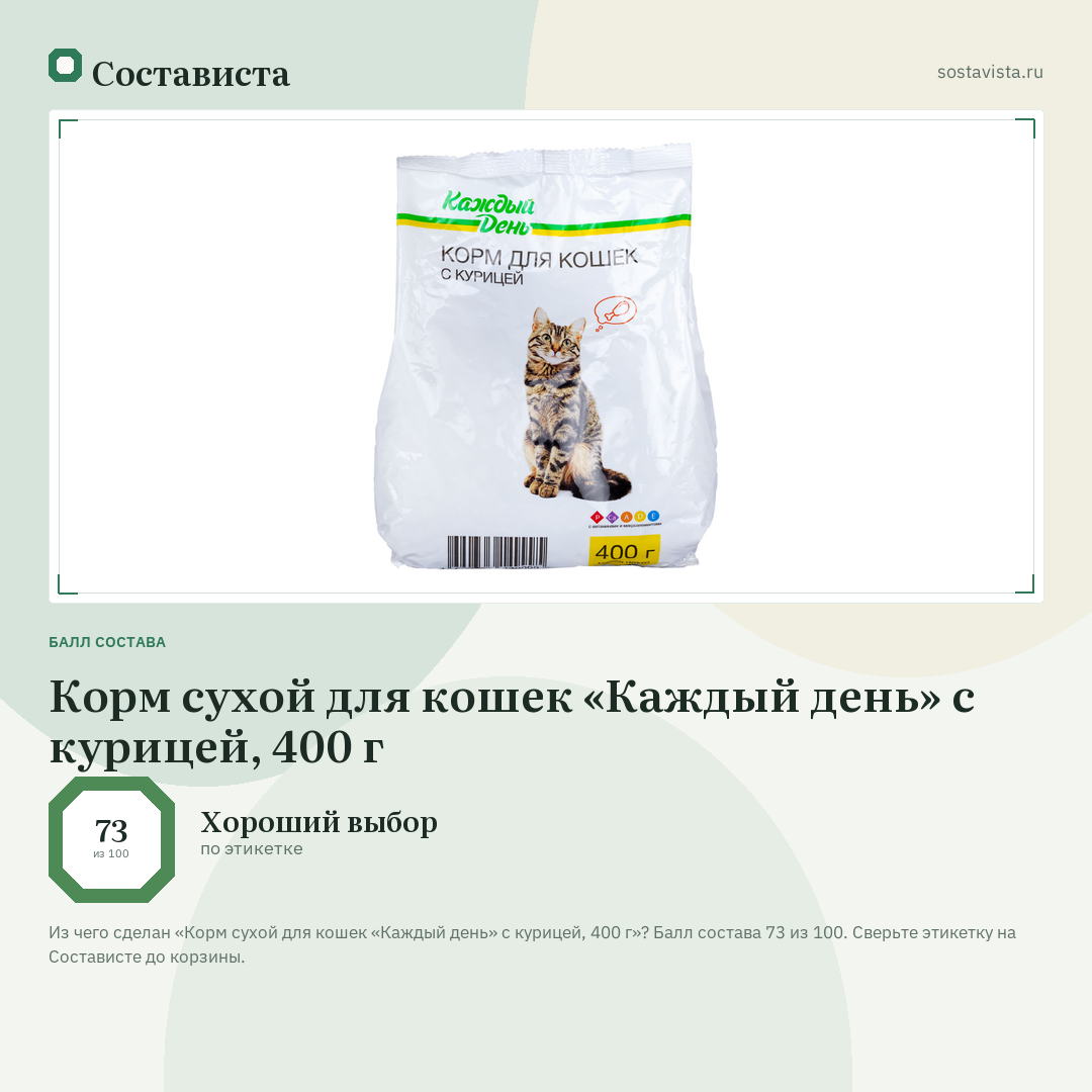Корм сухой для кошек «Каждый день» с курицей, 400 г: балл состава 73 из 100 — Состависта