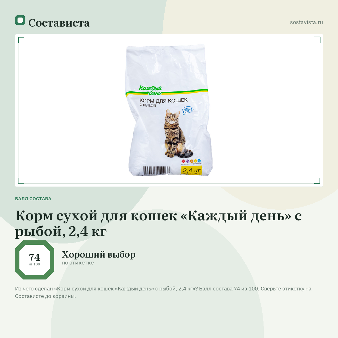 Корм сухой для кошек «Каждый день» с рыбой, 2,4 кг: балл состава 74 из 100 — Состависта