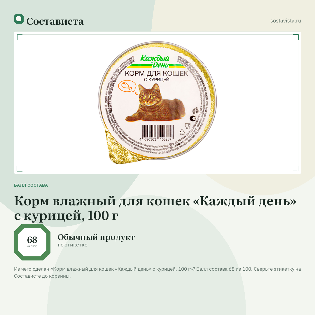Корм влажный для кошек «Каждый день» с курицей, 100 г: балл состава 68 из 100 — Состависта