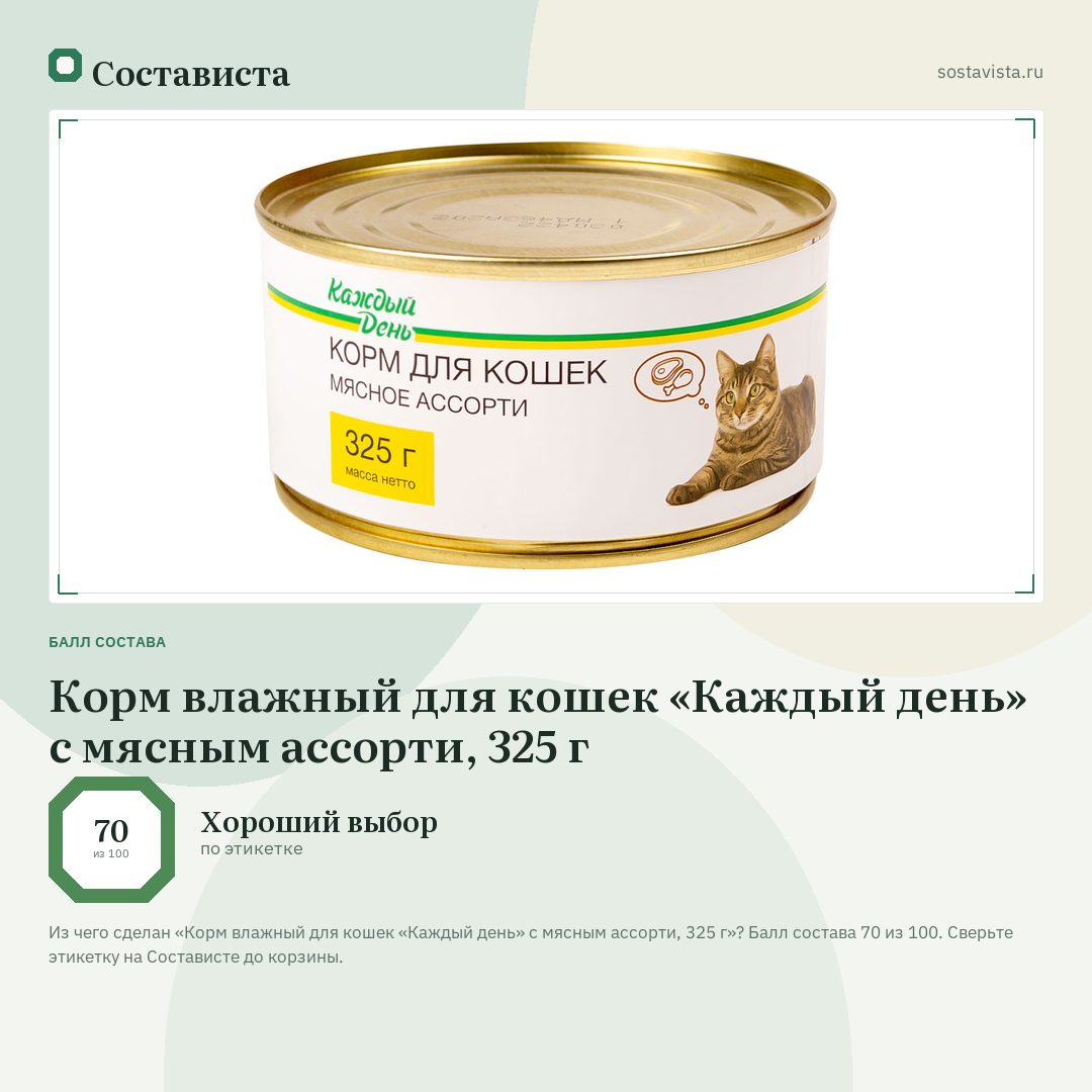 Корм влажный для кошек «Каждый день» с мясным ассорти, 325 г: балл состава 70 из 100 — Состависта