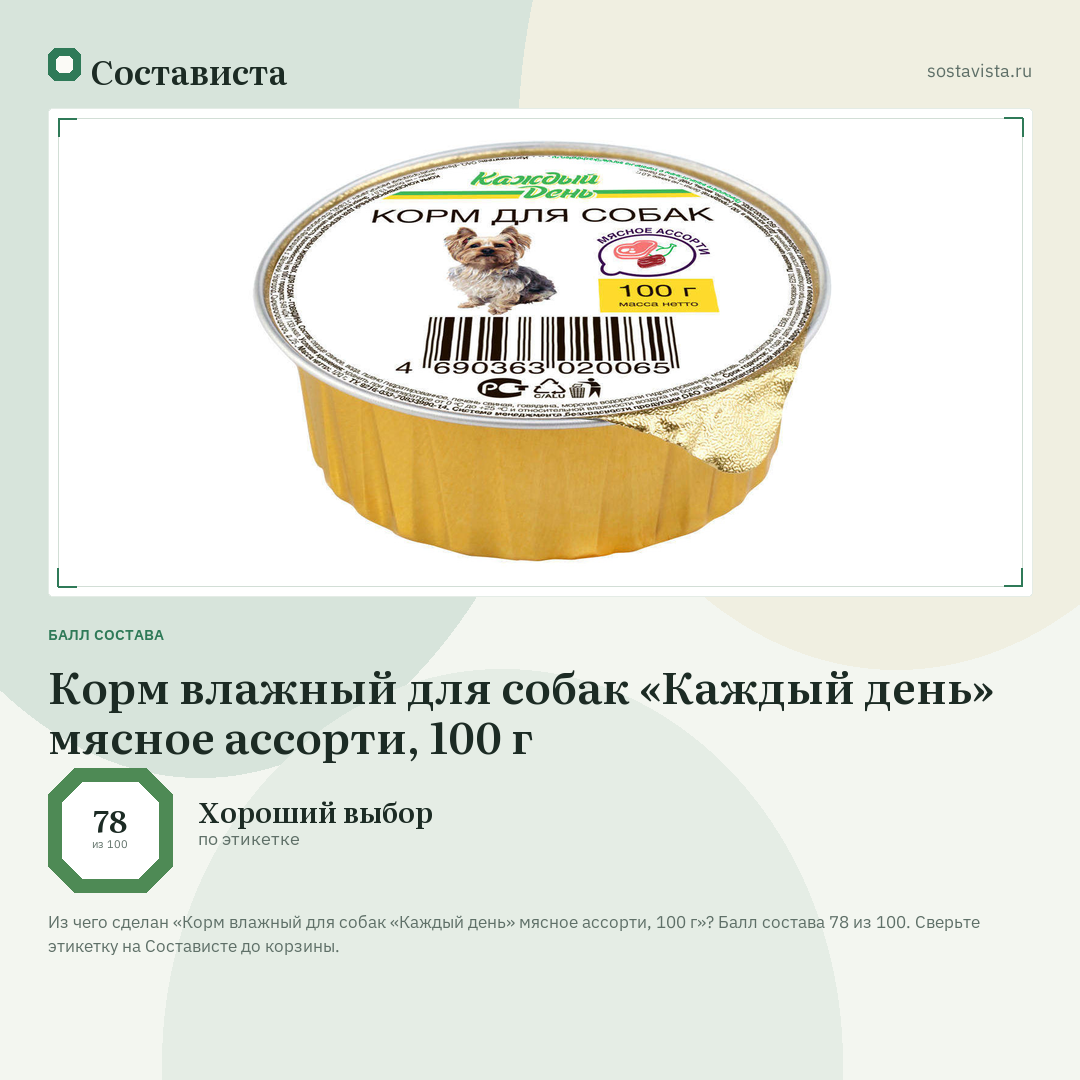 Корм влажный для собак «Каждый день» мясное ассорти, 100 г: балл состава 78 из 100 — Состависта