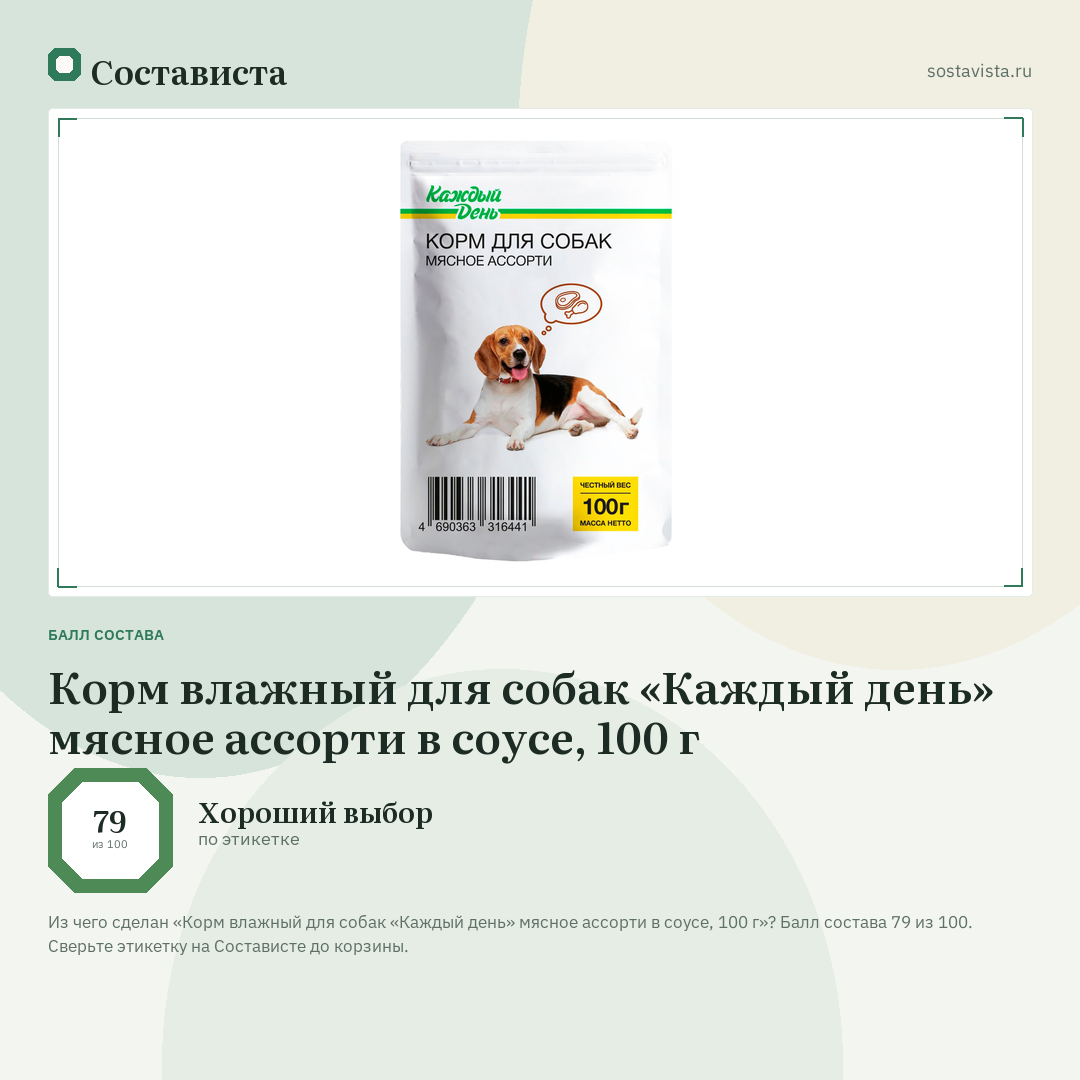 Корм влажный для собак «Каждый день» мясное ассорти в соусе, 100 г: балл состава 79 из 100 — Состависта