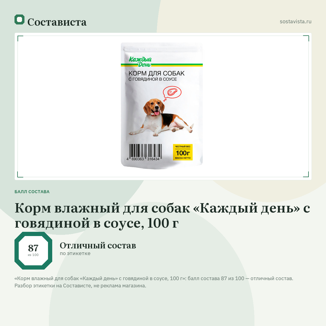 Корм влажный для собак «Каждый день» с говядиной в соусе, 100 г: балл состава 87 из 100 — Состависта