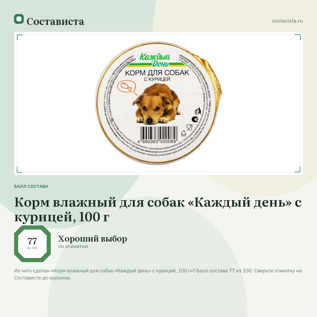 Корм влажный для собак «Каждый день» с курицей, 100 г: балл состава 77 из 100 — Состависта