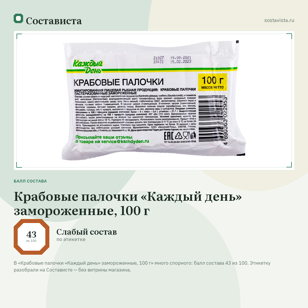 Крабовые палочки «Каждый день» замороженные, 100 г: балл состава 43 из 100 — Состависта