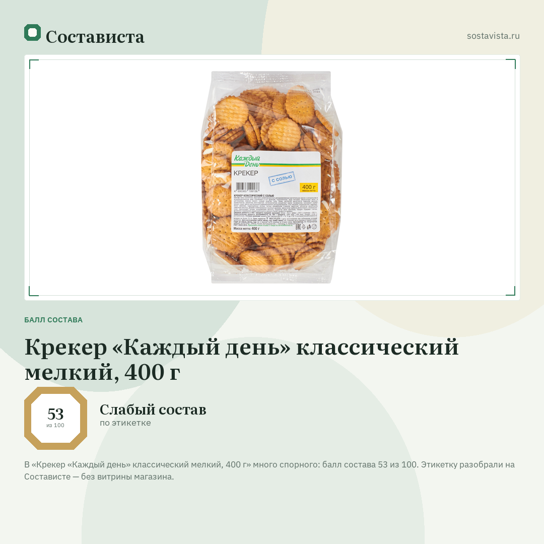 Крекер «Каждый день» классический мелкий, 400 г: балл состава 53 из 100 — Состависта