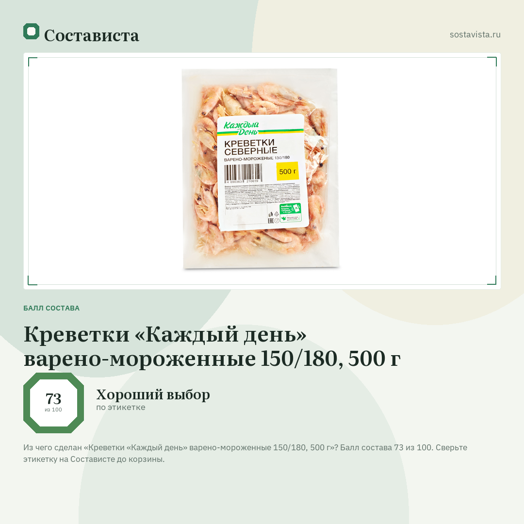Креветки «Каждый день» варено-мороженные 150/180, 500 г: балл состава 73 из 100 — Состависта