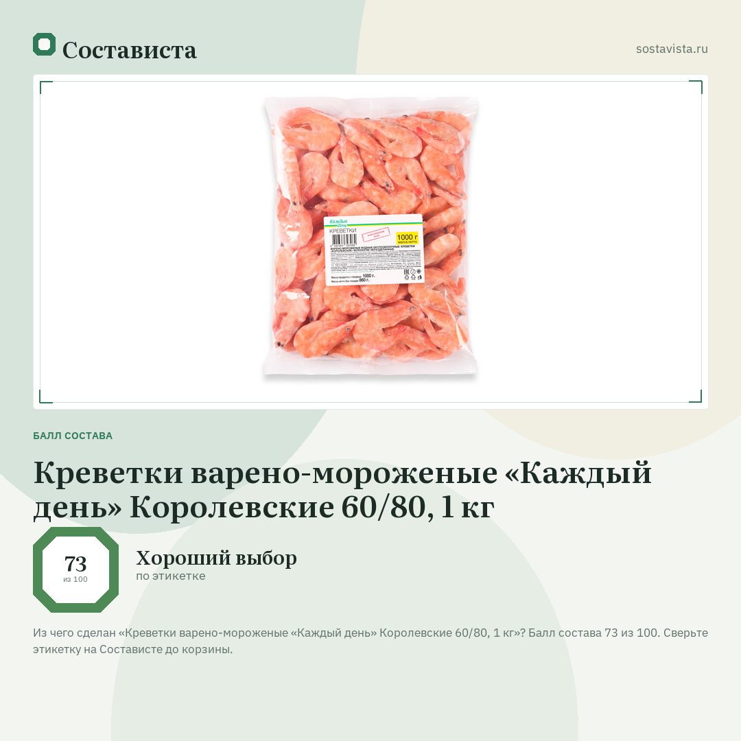 Креветки варено-мороженые «Каждый день» Королевские 60/80, 1 кг: балл состава 73 из 100 — Состависта
