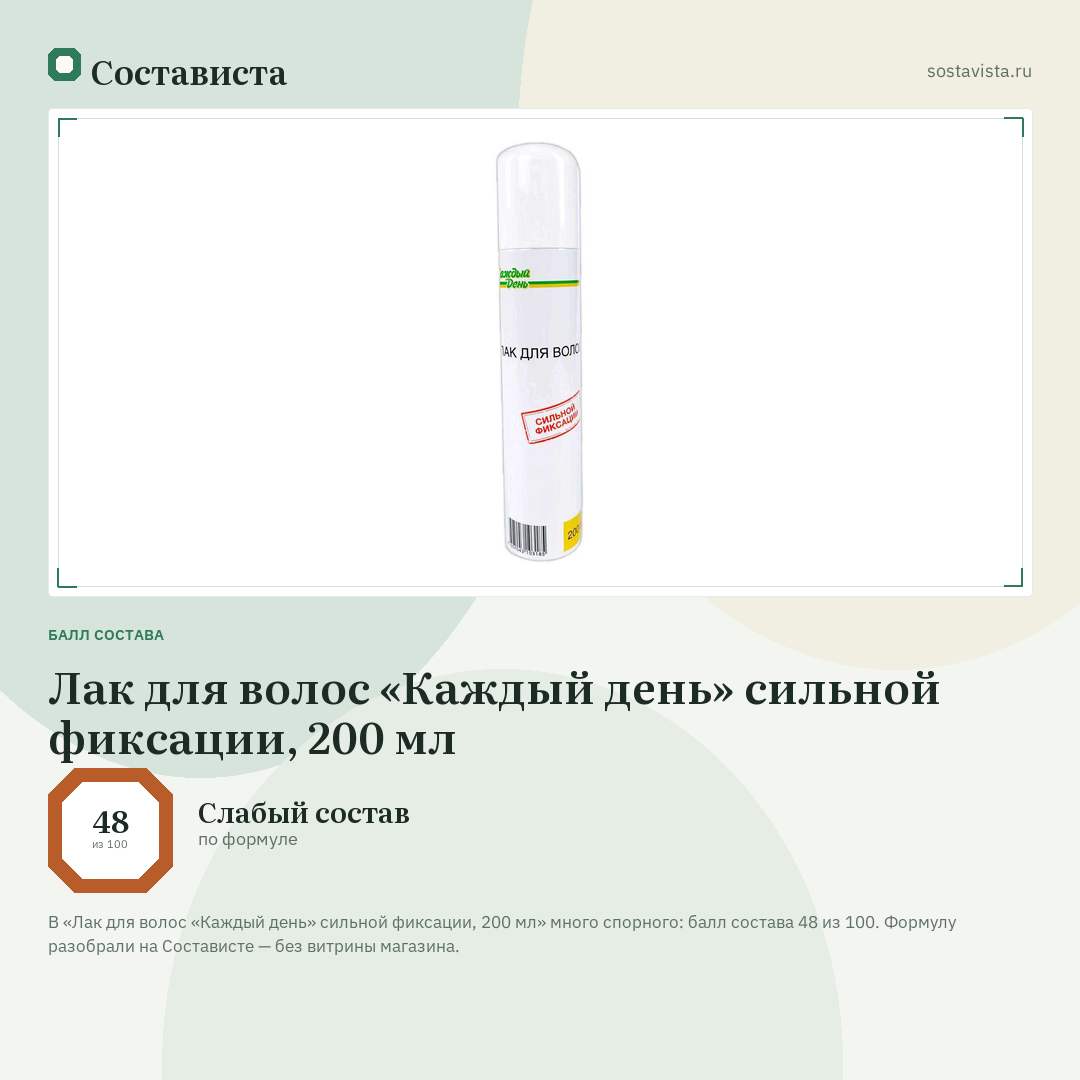 Лак для волос «Каждый день» сильной фиксации, 200 мл: балл состава 48 из 100 — Состависта