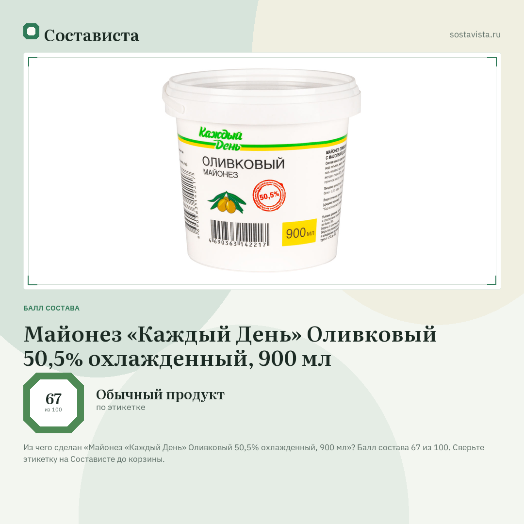 Майонез «Каждый День» Оливковый 50,5% охлажденный, 900 мл: балл состава 67 из 100 — Состависта