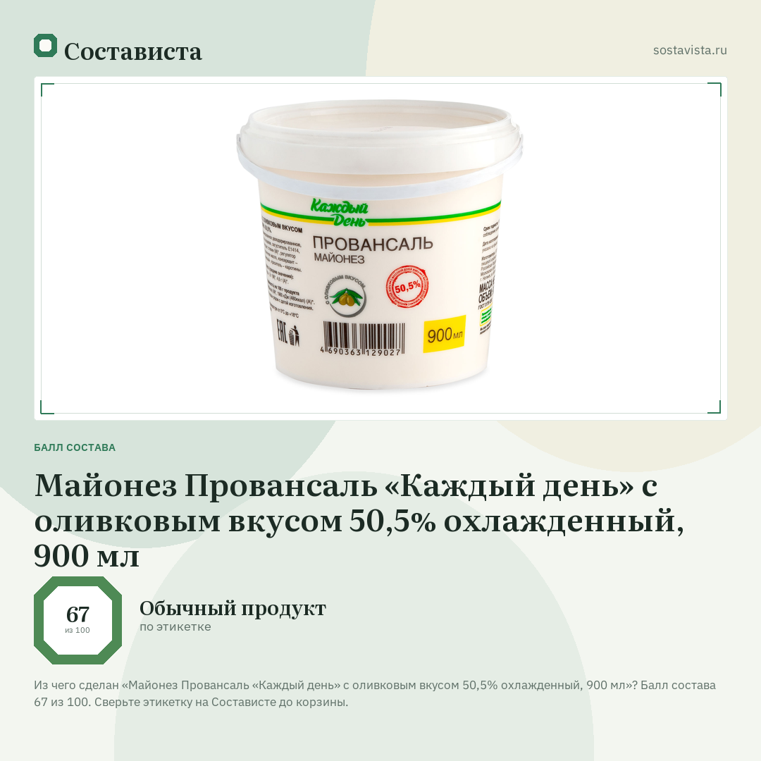 Майонез Провансаль «Каждый день» с оливковым вкусом 50,5% охлажденный, 900 мл: балл состава 67 из 100 — Состависта