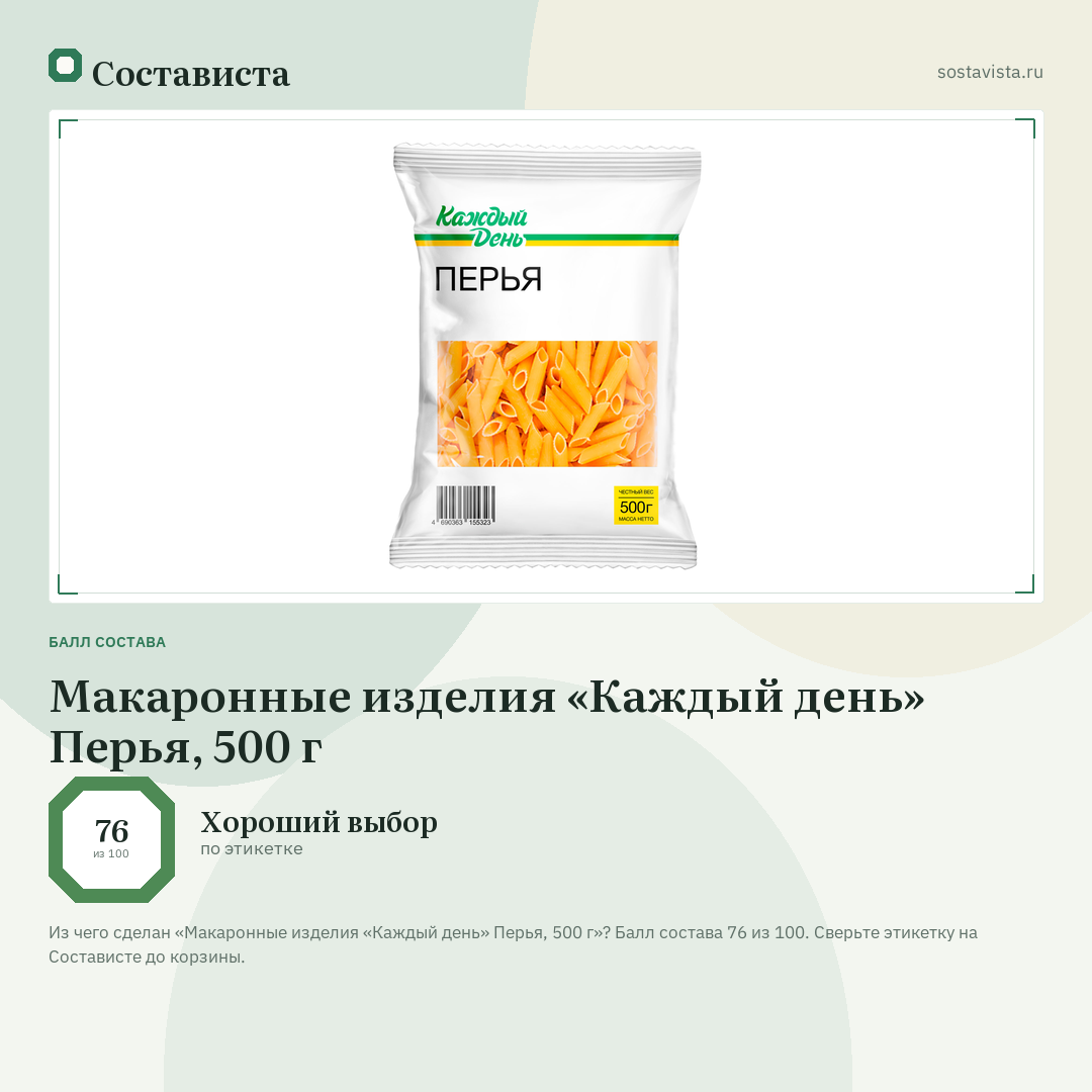 Макаронные изделия «Каждый день» Перья, 500 г: балл состава 76 из 100 — Состависта
