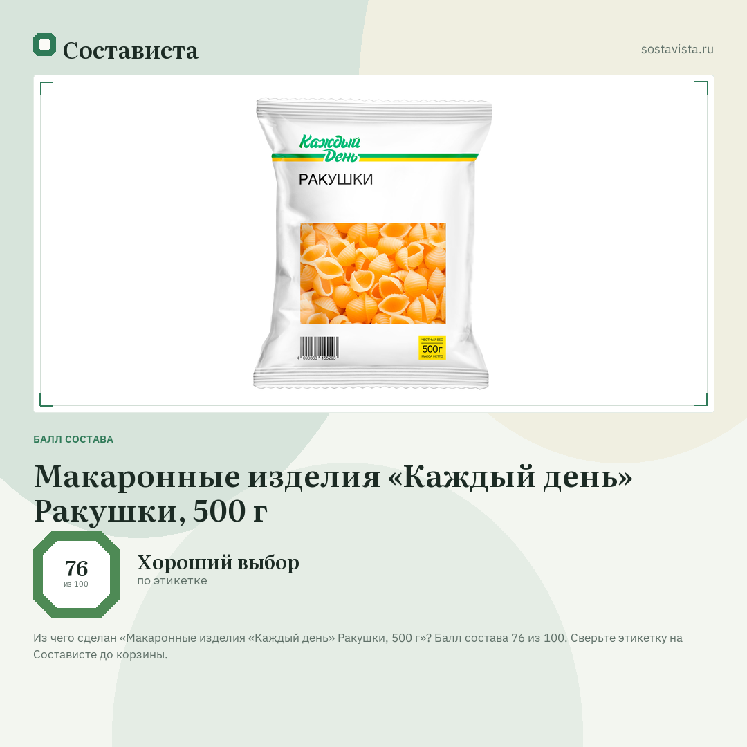 Макаронные изделия «Каждый день» Ракушки, 500 г: балл состава 76 из 100 — Состависта