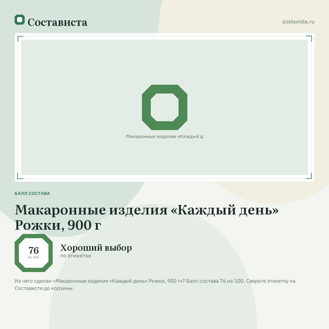 Макаронные изделия «Каждый день» Рожки, 900 г: балл состава 76 из 100 — Состависта
