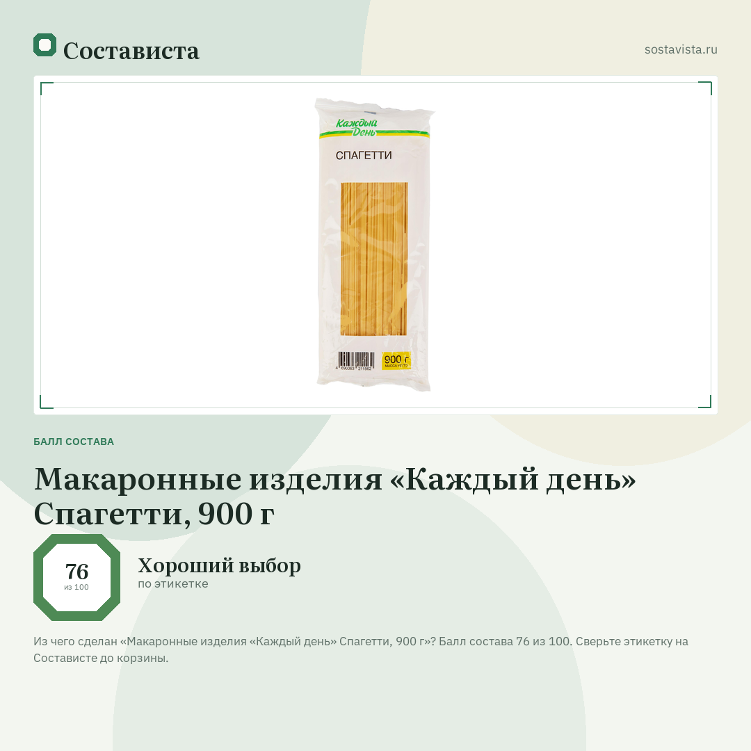 Макаронные изделия «Каждый день» Спагетти, 900 г: балл состава 76 из 100 — Состависта