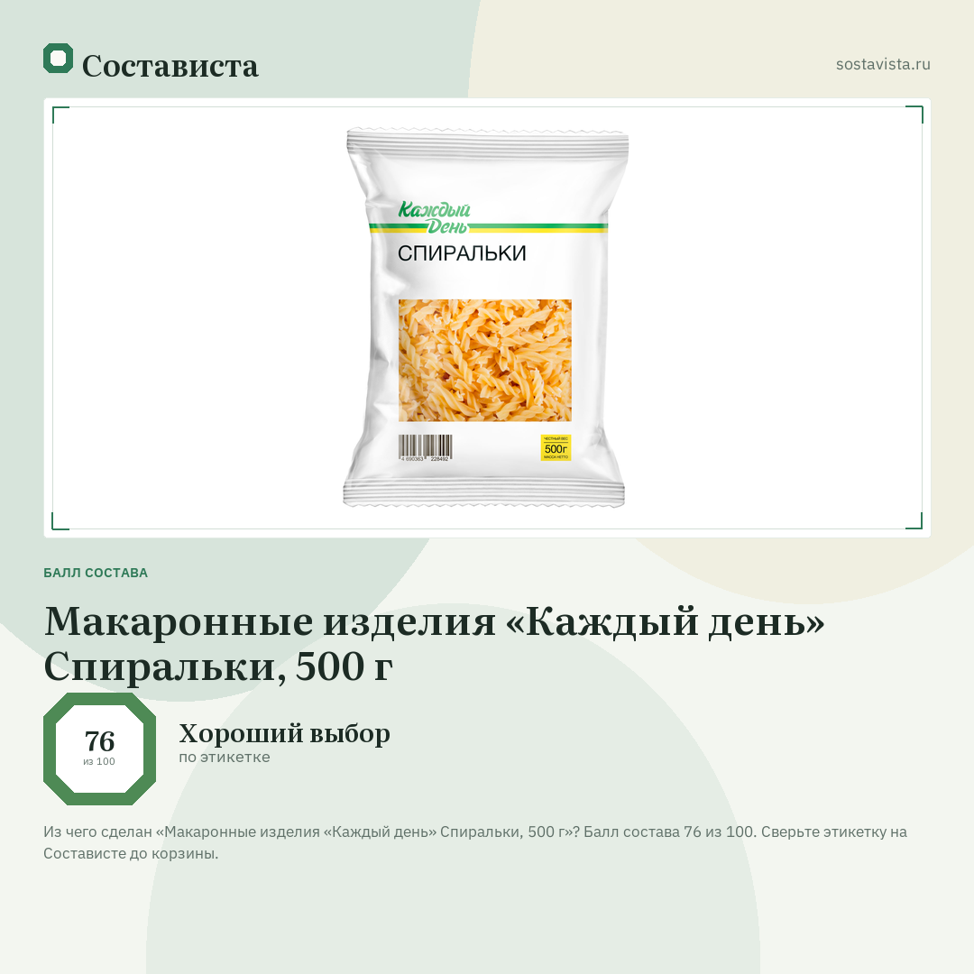 Макаронные изделия «Каждый день» Спиральки, 500 г: балл состава 76 из 100 — Состависта