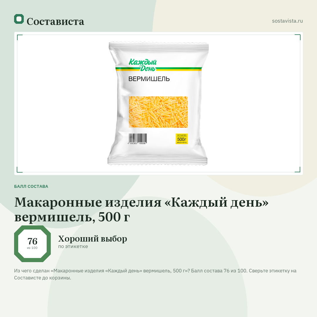 Макаронные изделия «Каждый день» вермишель, 500 г: балл состава 76 из 100 — Состависта