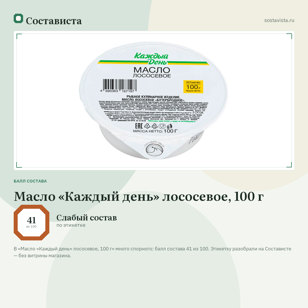 Масло «Каждый день» лососевое, 100 г: балл состава 41 из 100 — Состависта
