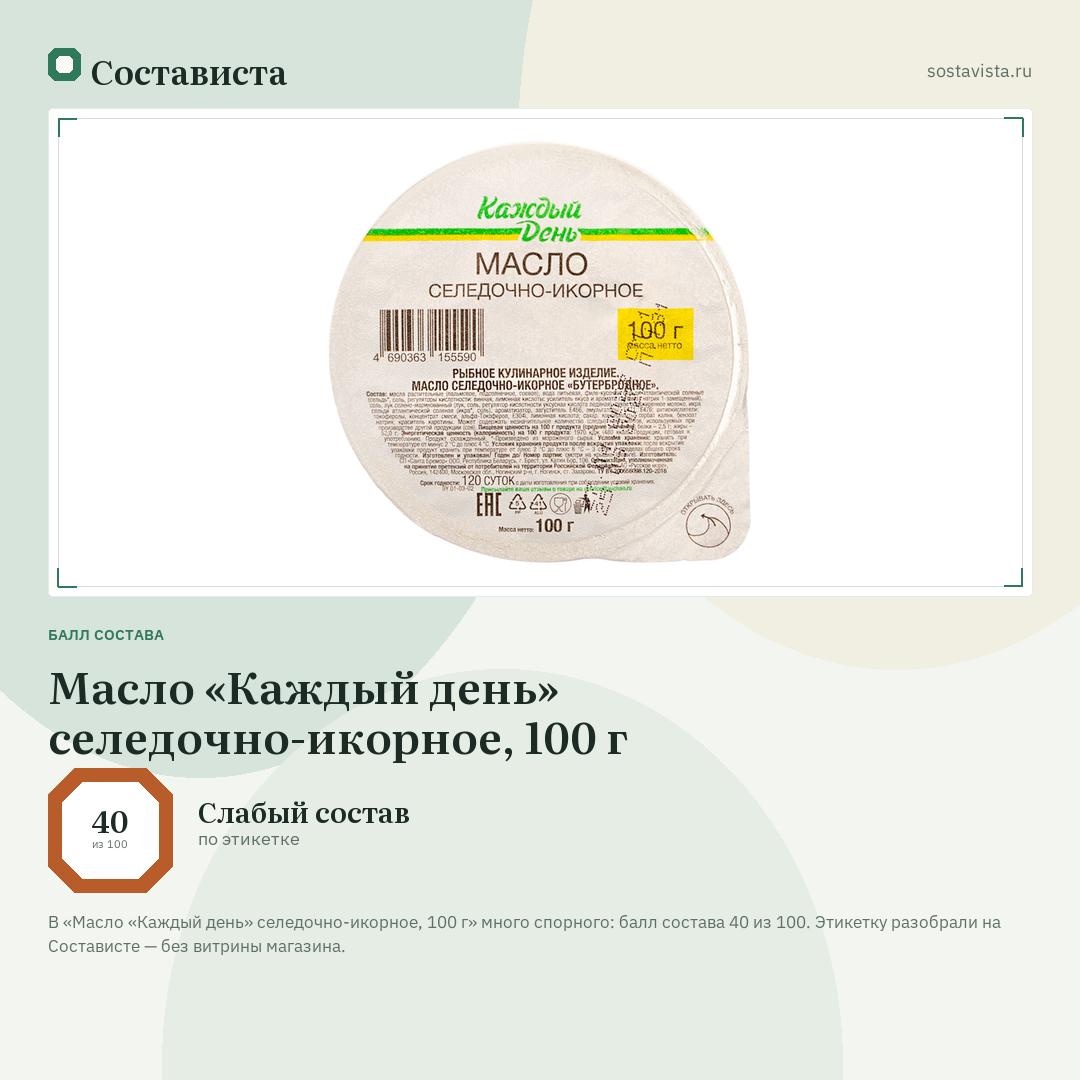 Масло «Каждый день» селедочно-икорное, 100 г: балл состава 40 из 100 — Состависта