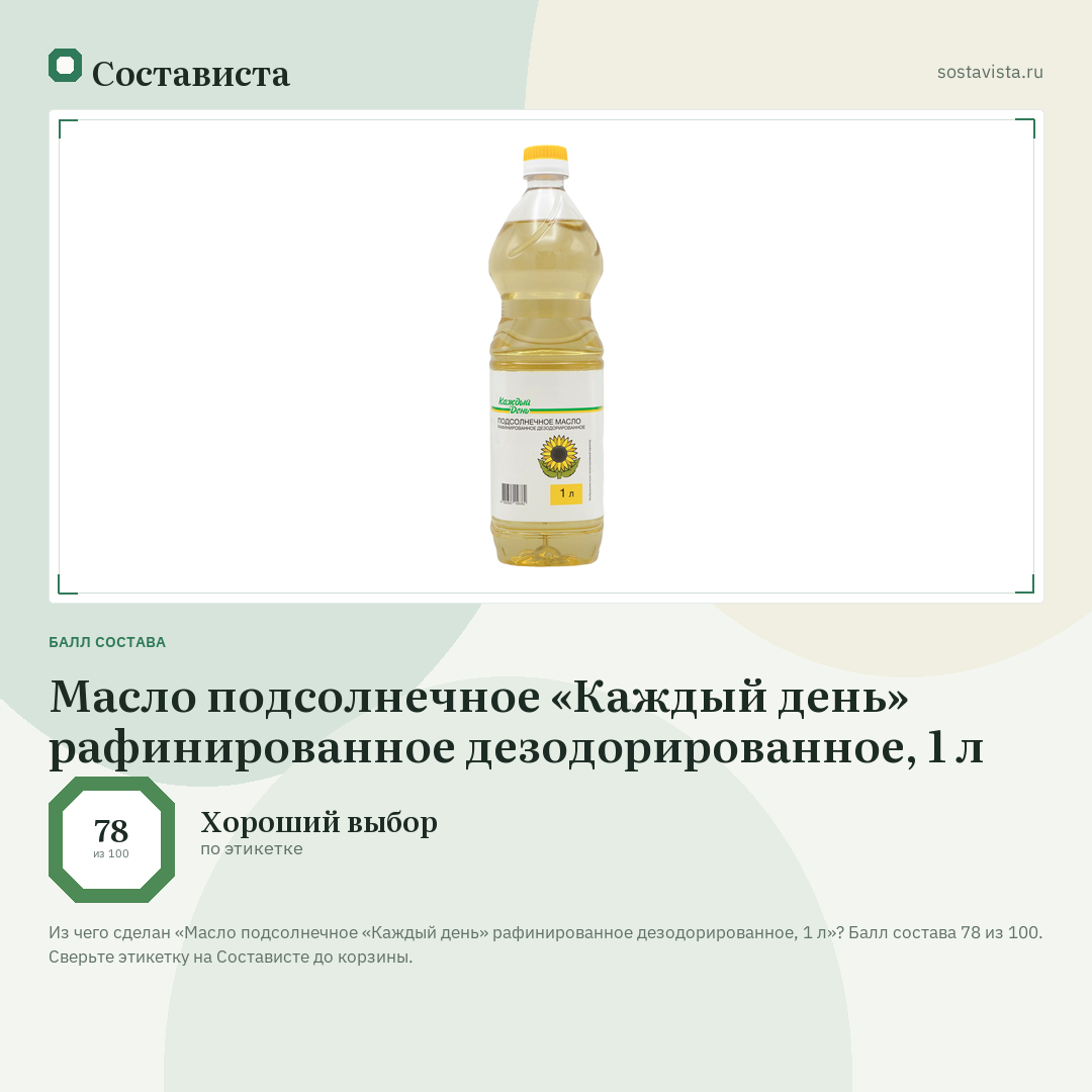 Масло подсолнечное «Каждый день» рафинированное дезодорированное, 1 л: балл состава 78 из 100 — Состависта
