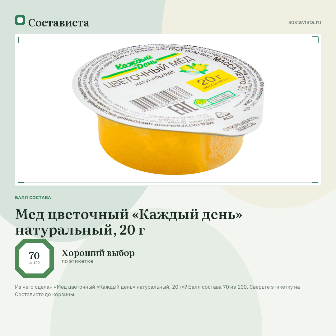 Мед цветочный «Каждый день» натуральный, 20 г: балл состава 70 из 100 — Состависта