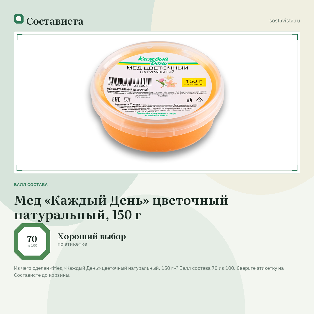 Мед «Каждый День» цветочный натуральный, 150 г: балл состава 70 из 100 — Состависта