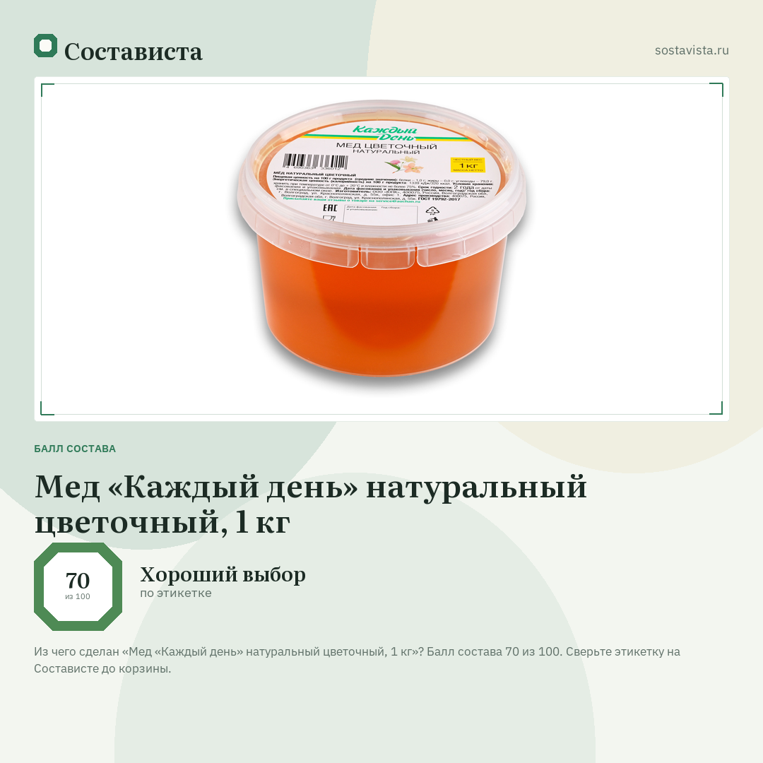 Мед «Каждый день» натуральный цветочный, 1 кг: балл состава 70 из 100 — Состависта