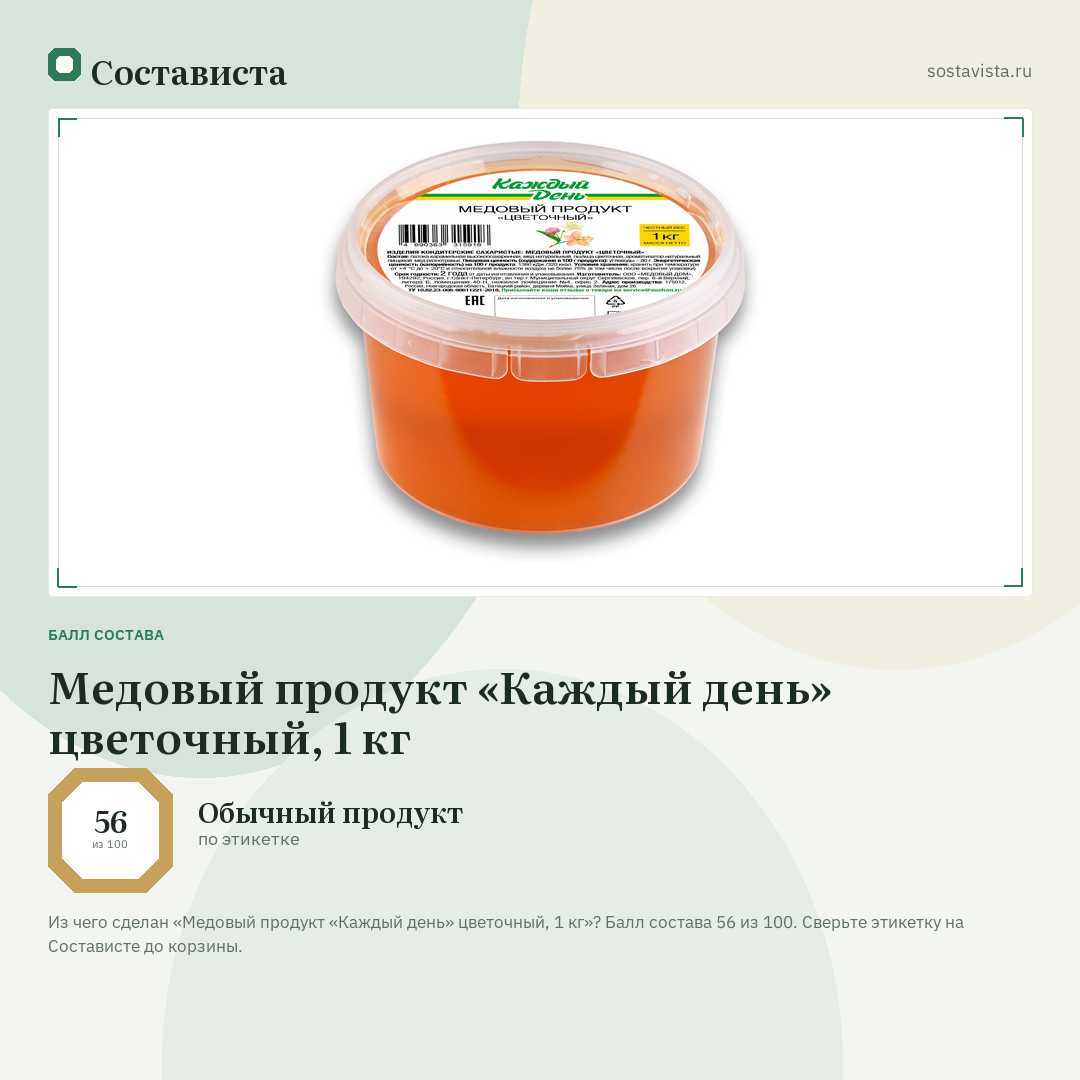 Медовый продукт «Каждый день» цветочный, 1 кг: балл состава 56 из 100 — Состависта